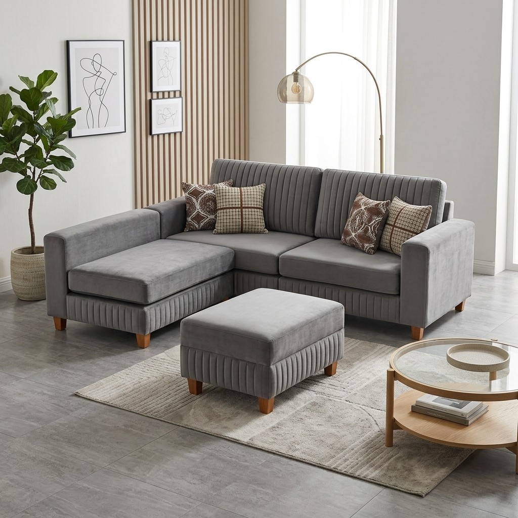 Juego De Sala Seccional Gris Con Otomán