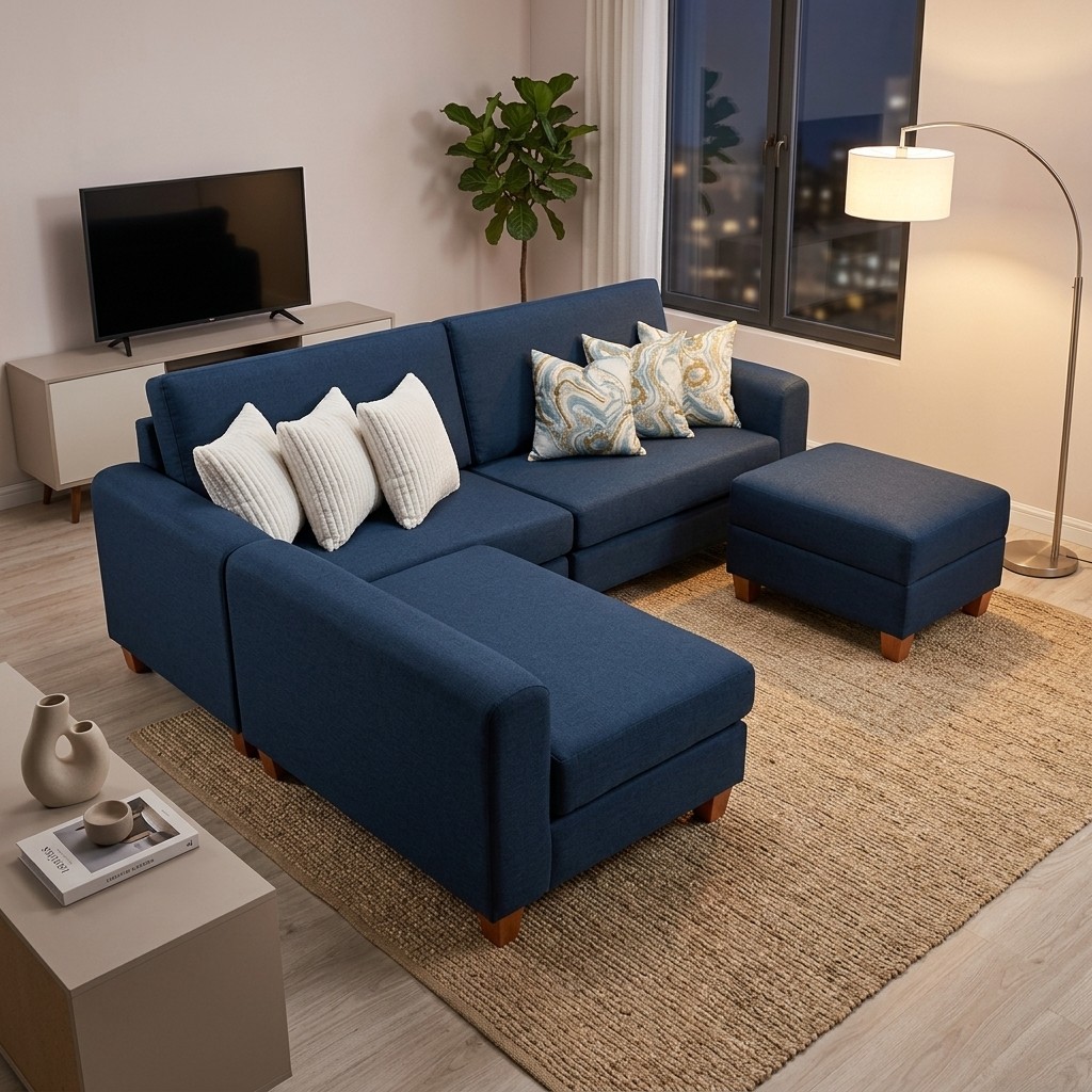 Sofá Seccional Modular con Chaise y Otomán Azul