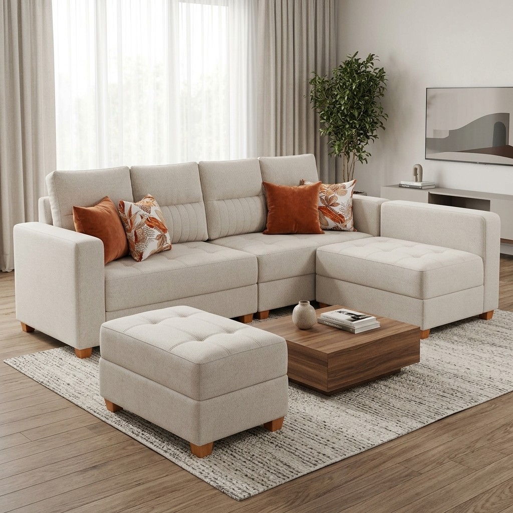 Juego de Sala Seccional con Chaise y Otomán Beige