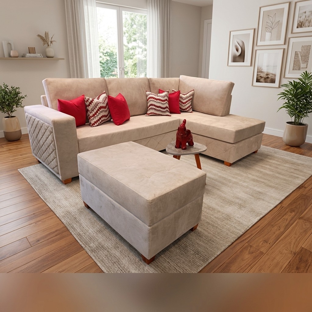 Sala Seccional Con Chaise Y Otomán Beige