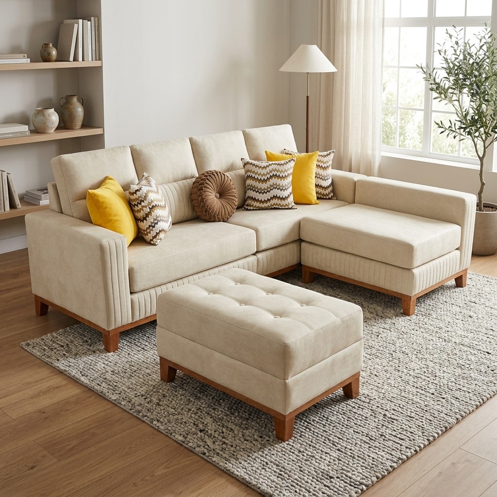 Juego De Sala Seccional Beige Con Chaise Y Otomán Con Zócalo De Madera