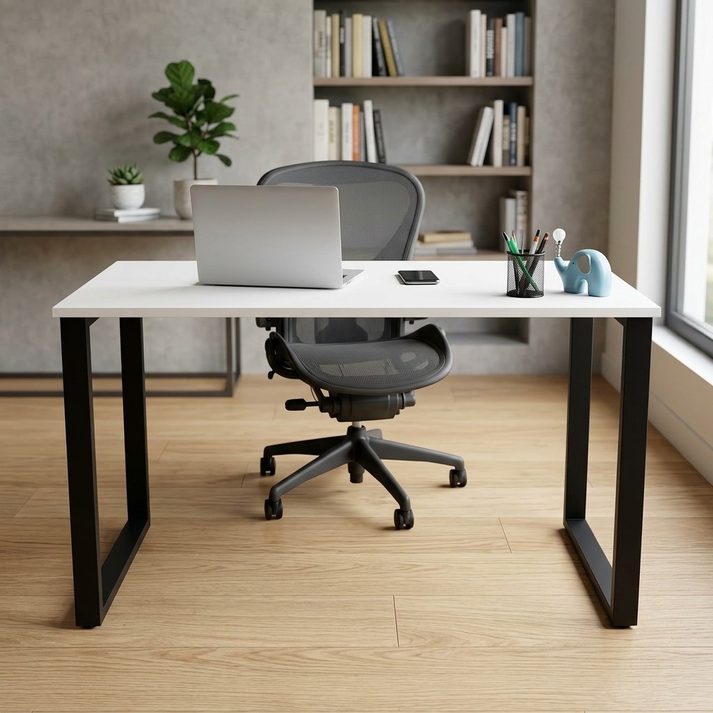 Escritorio Minimalista Home Office Blanco y Metal Negro