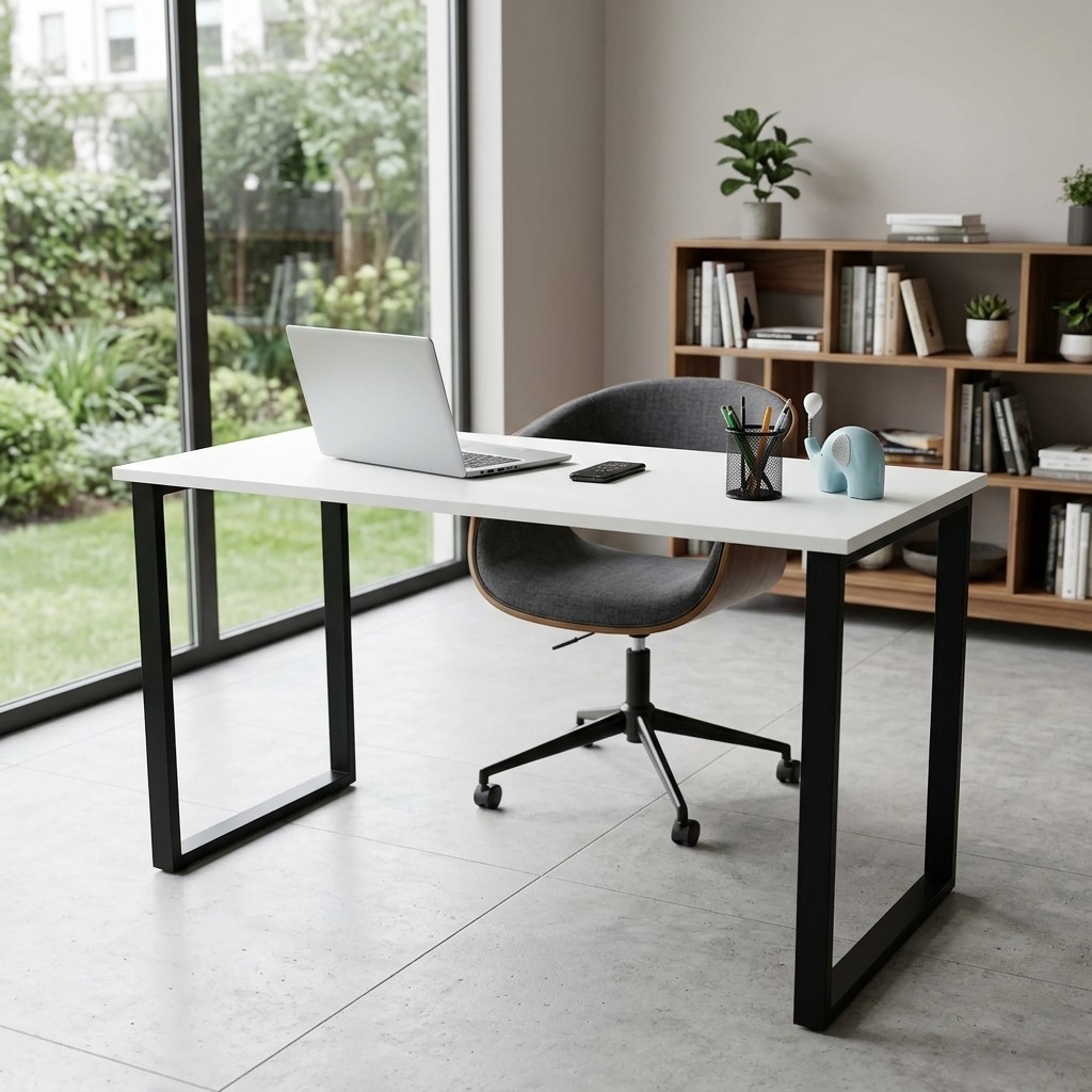 Escritorio Minimalista Home Office Blanco y Metal Negro