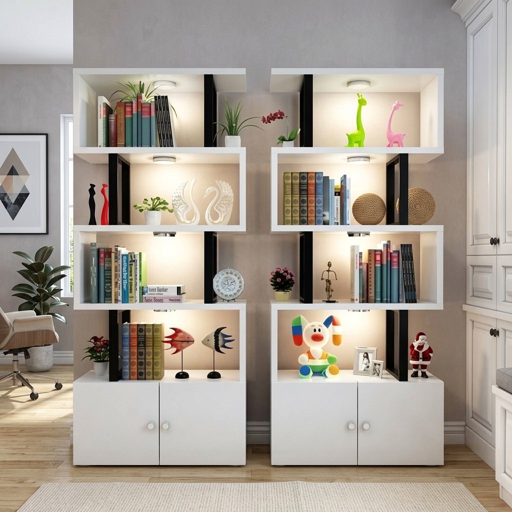 Librero Estante Moderno Zigzag con Luces y Puertas