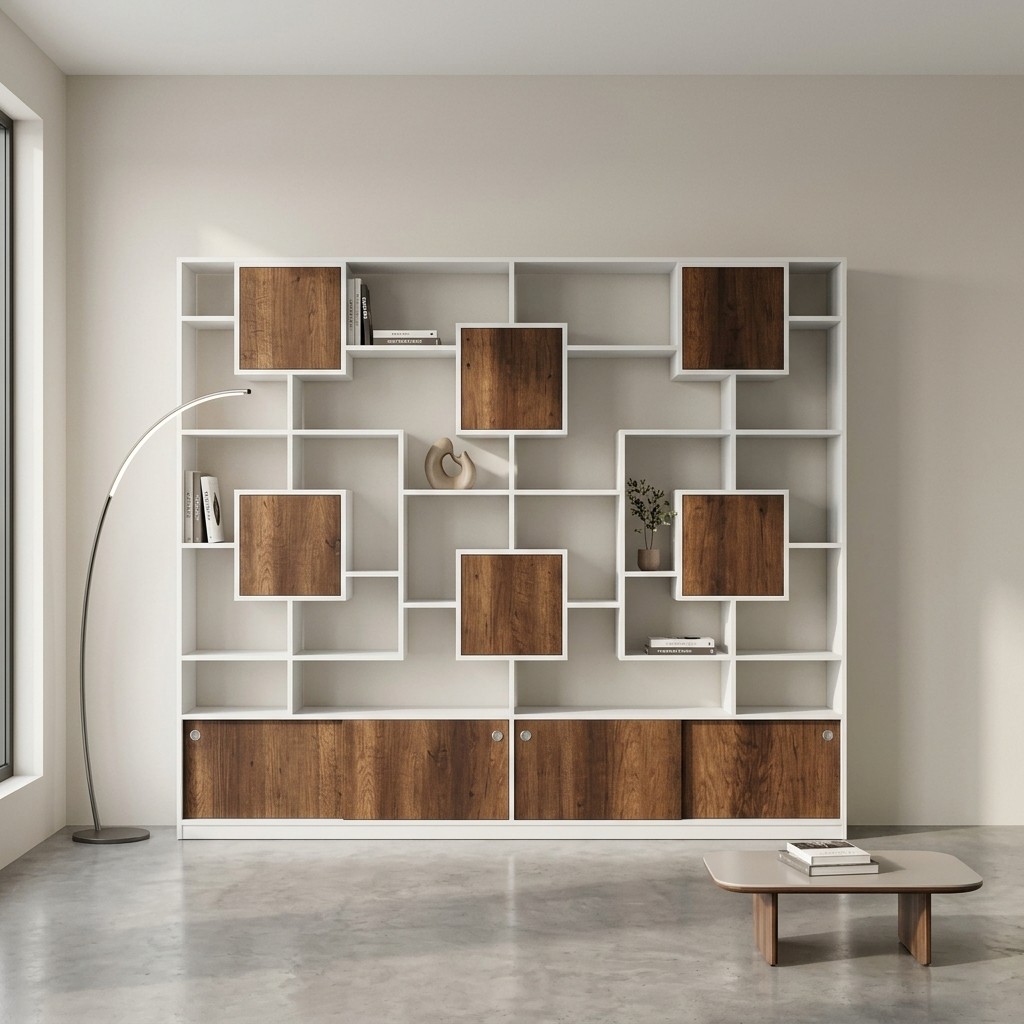 Estante Librero Modular Geométrico Blanco y Nogal