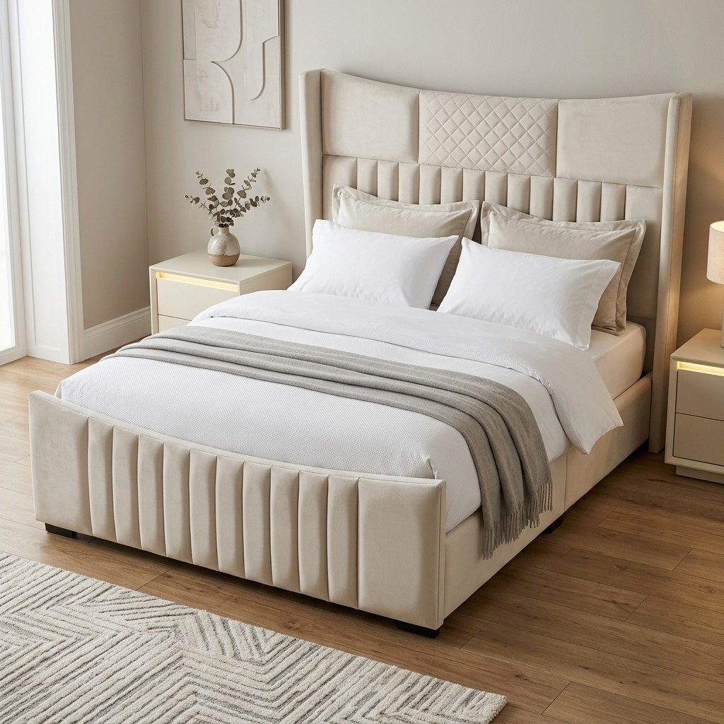 Cama Tapizada Queen Atenea Beige Premium