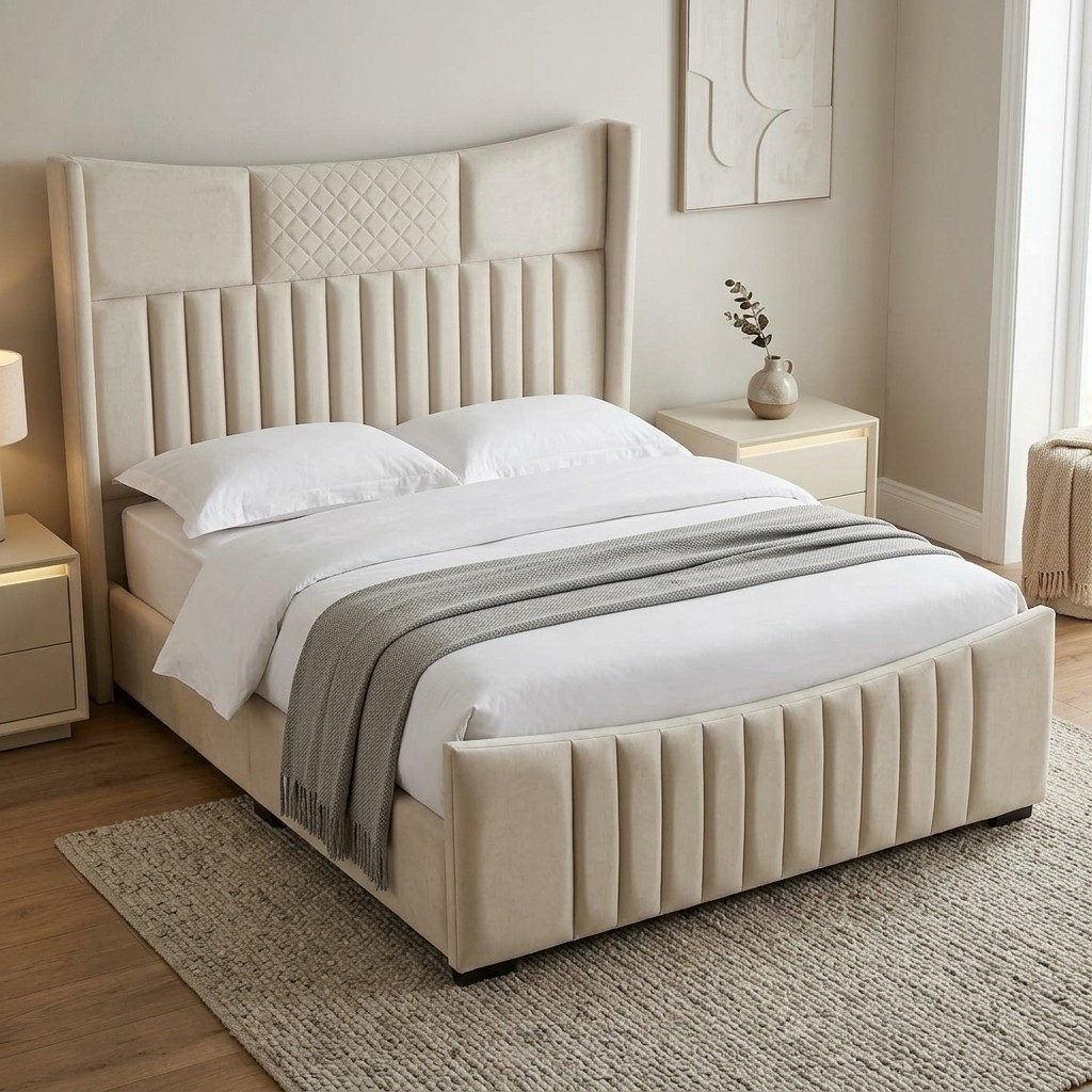 Cama Tapizada Queen Atenea Beige Premium