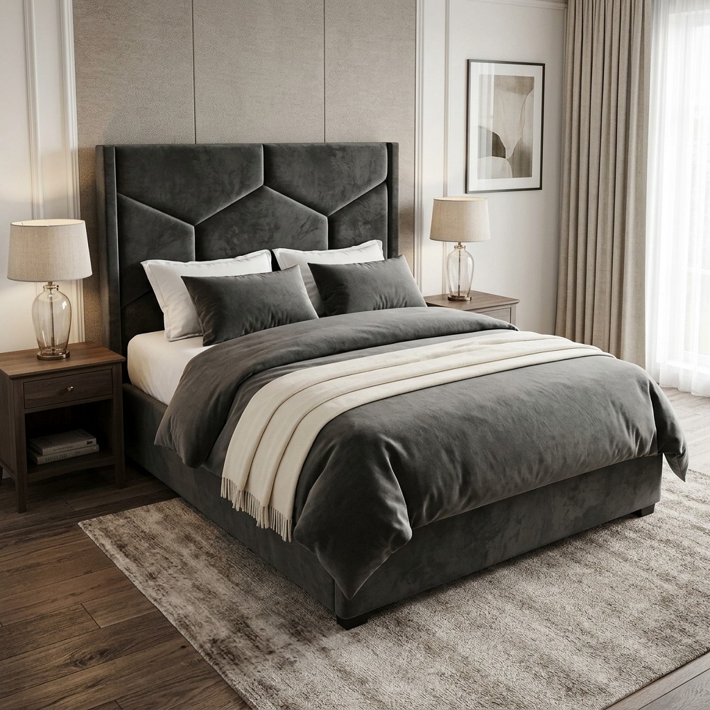 Cama Tapizada 2 Plazas Velvet Gris Grafito