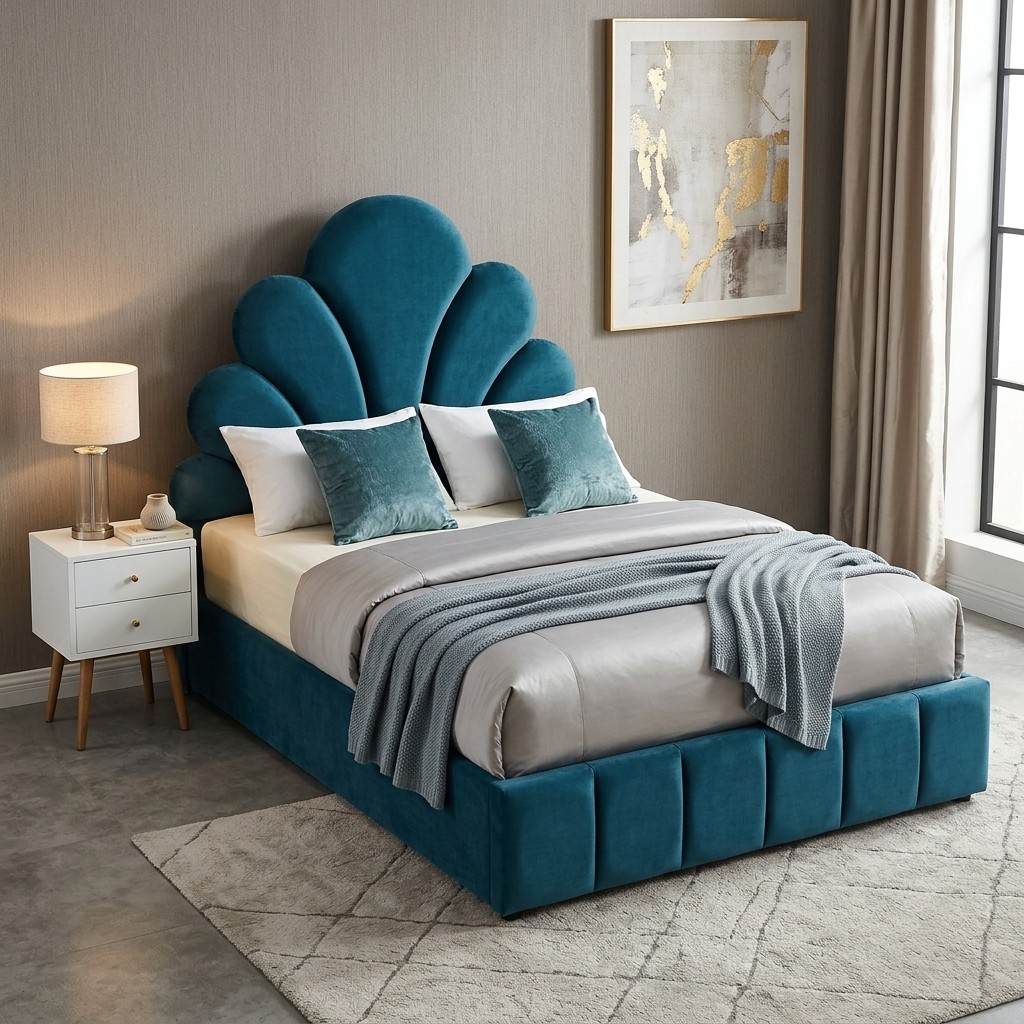 Cama Tapizada 2 Plazas Con Cabecera Flor Terciopelo Azul