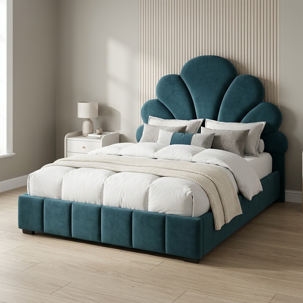 Cama Tapizada 2 Plazas Con Cabecera Flor Terciopelo Azul