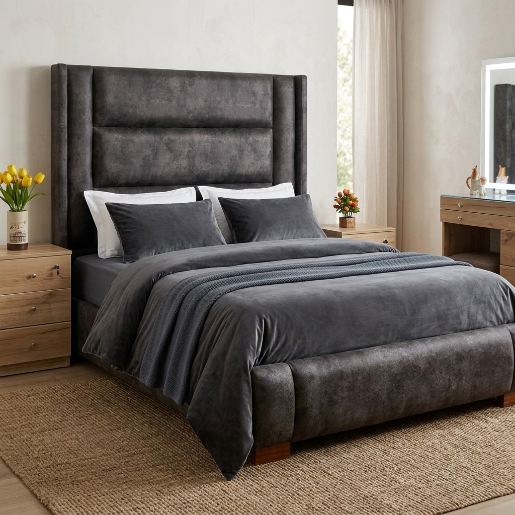 Cama Tapizada 2 Plazas con Cabecera Alta Gris Grafito