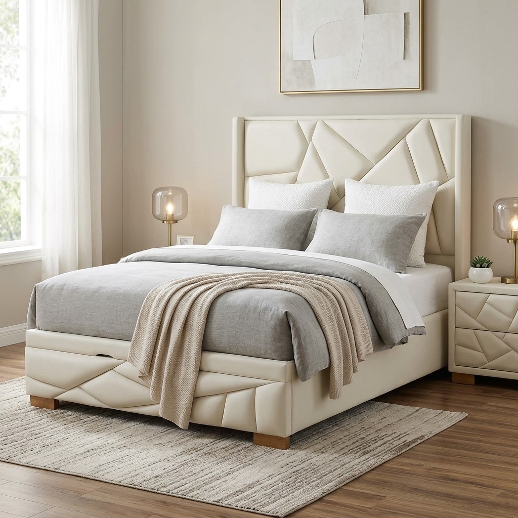Cama Tapizada 2 Plazas Diseño Geométrico Beige