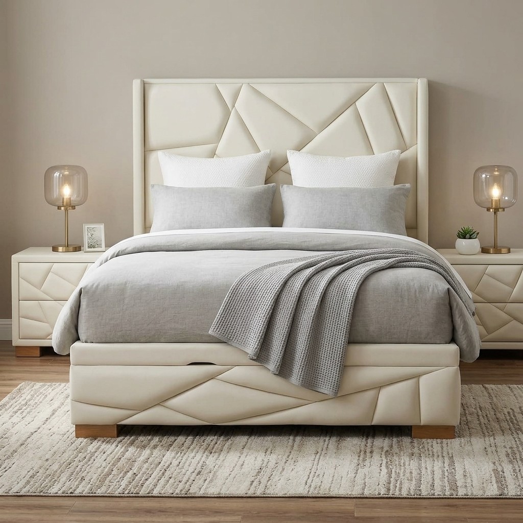 Cama Tapizada 2 Plazas Diseño Geométrico Beige