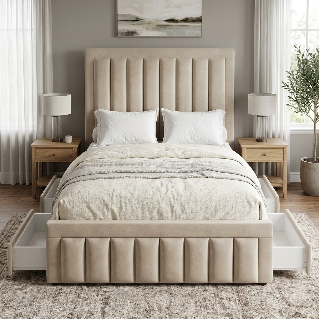 Cama Tapizada con Cajones y Cabecera Acanalada