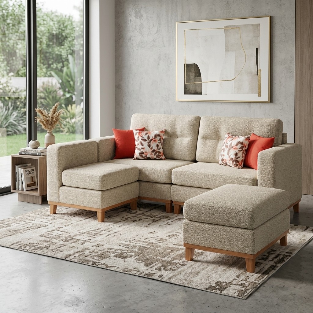 Sofá Seccional Modular Moderno Beige con Otomán