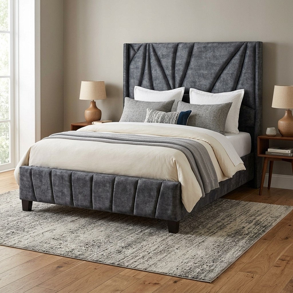 Cama Tapizada Moderna Cabecero Alto Gris
