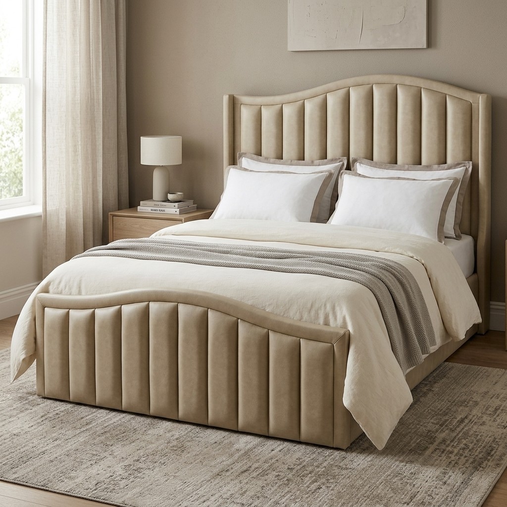 Cama Tapizada 2 Plazas Acolchada Acanalada Beige