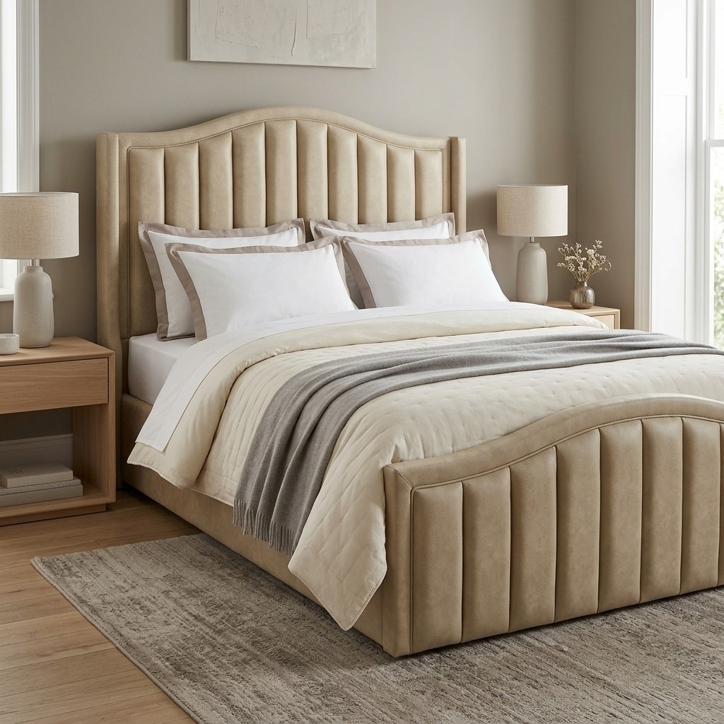 Cama Tapizada 2 Plazas Acolchada Acanalada Beige