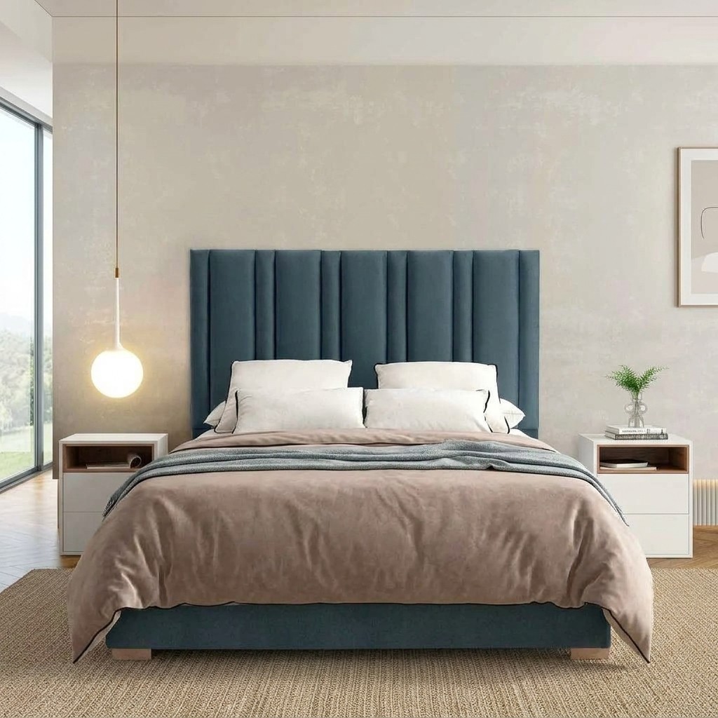 Cama Tapizada Modena con Cabecera Acanalada Azul