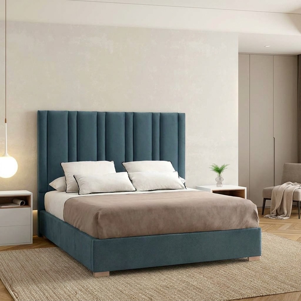 Cama Tapizada Modena con Cabecera Acanalada Azul