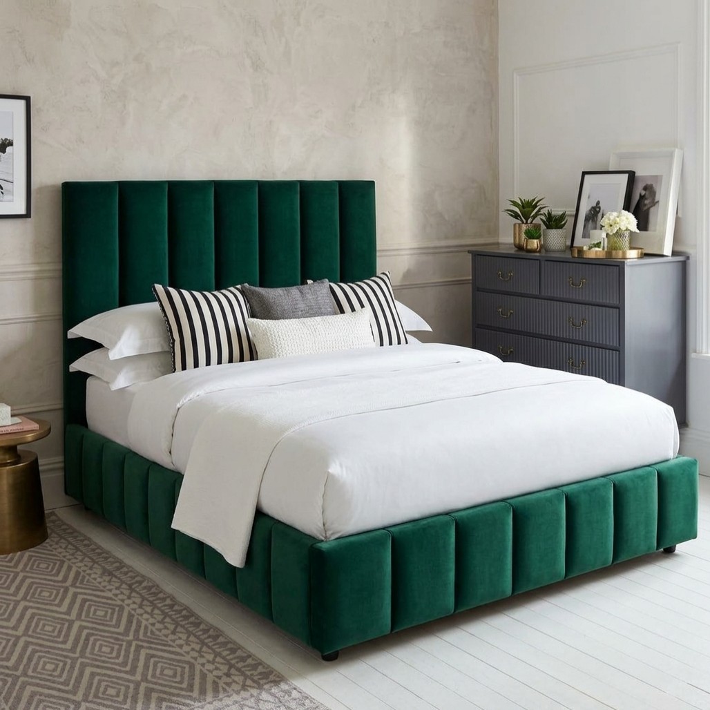 Cama Tapizada 2 Plazas Acolchada Verde Esmeralda