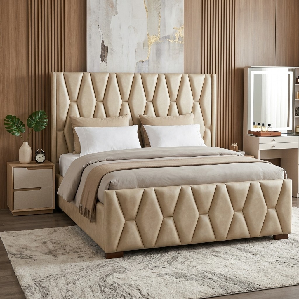 Cama King Tapizada Geométrica Viena Beige