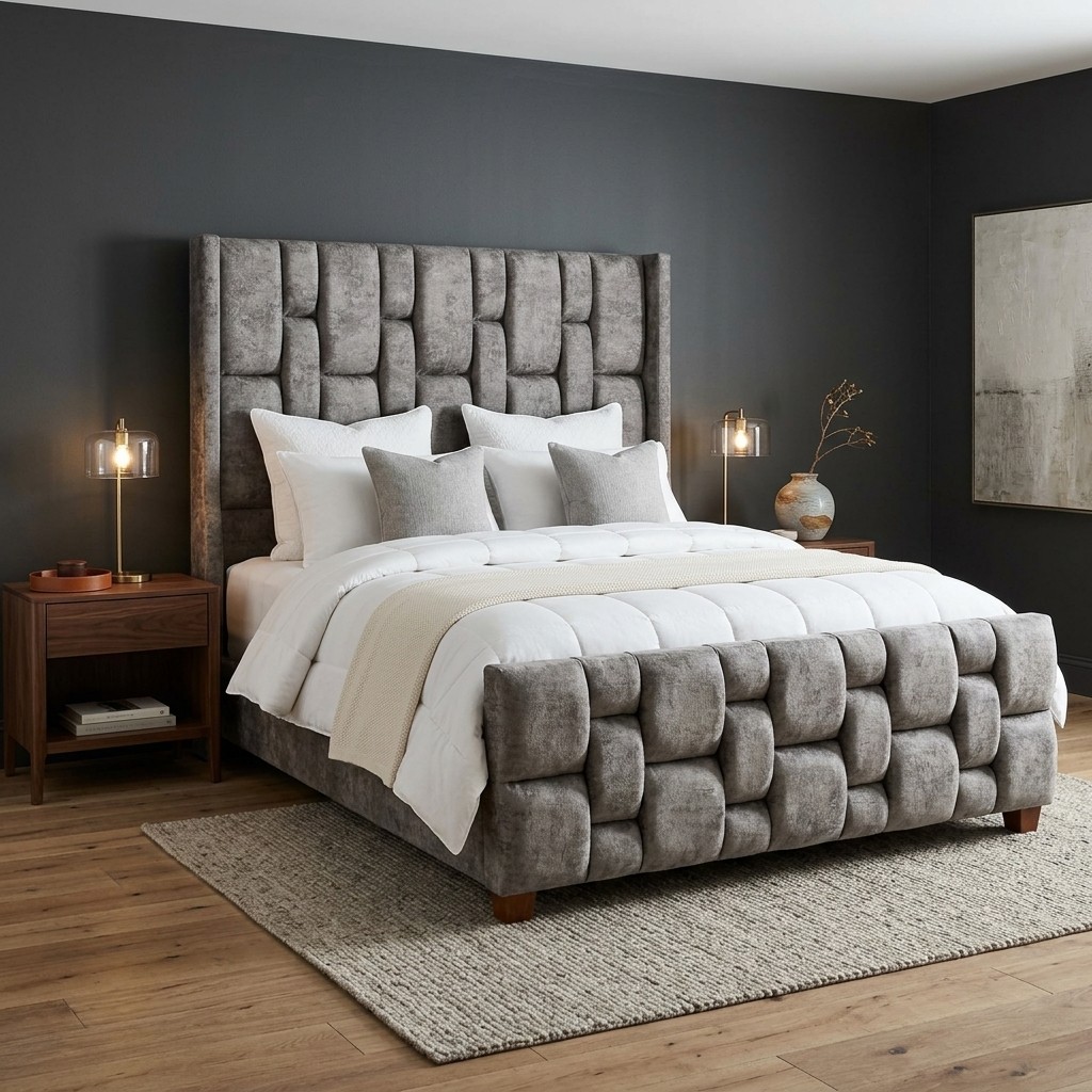 Cama Tapizada Chenille Gris Acolchada Florencia