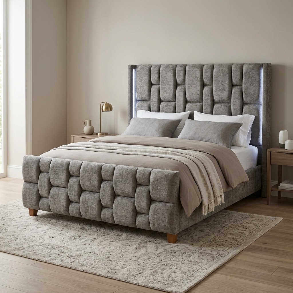Cama Tapizada Chenille Gris Acolchada Florencia
