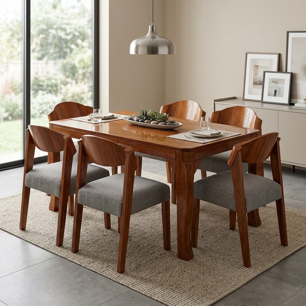 Juego de Comedor Carmona 6 Sillas en Madera y Tapiz Gris