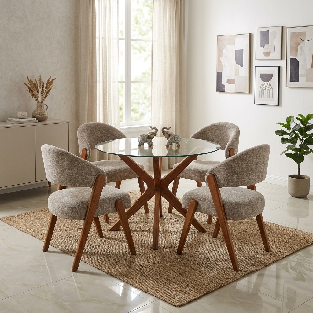 Juego de Comedor Redondo 4 Sillas Vidrio y Madera