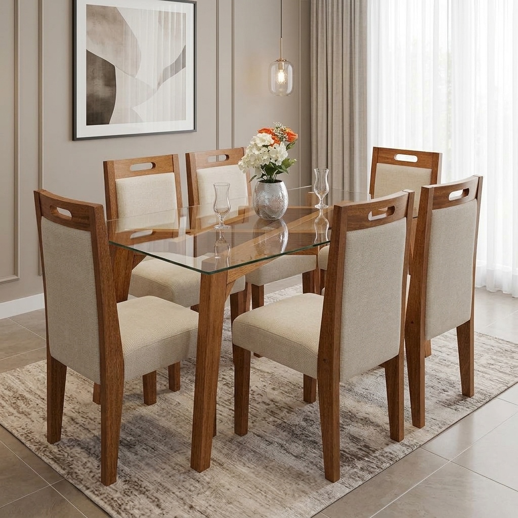 Juego De Comedor 6 Sillas Base Michi Con Tablero De Vidrio