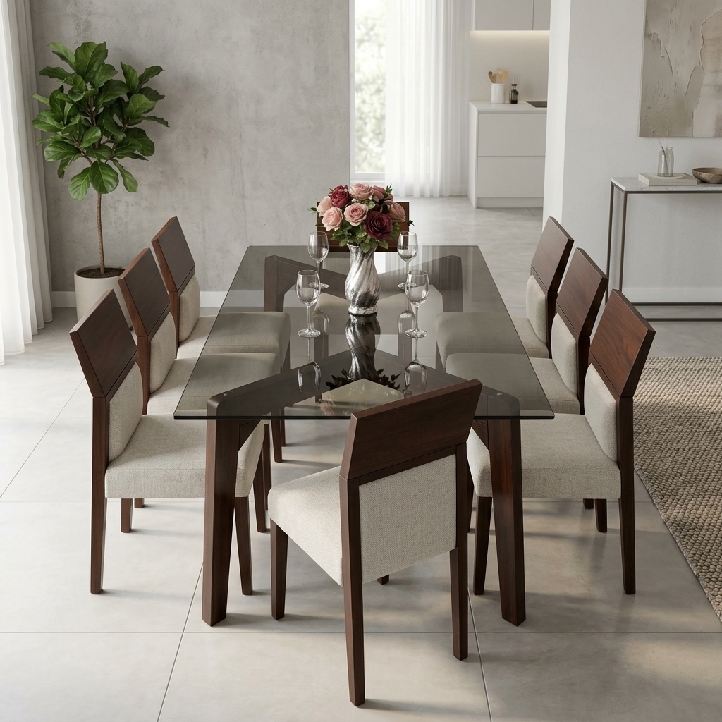 Juego de Comedor 8 Sillas Nogal y Vidrio Bronce