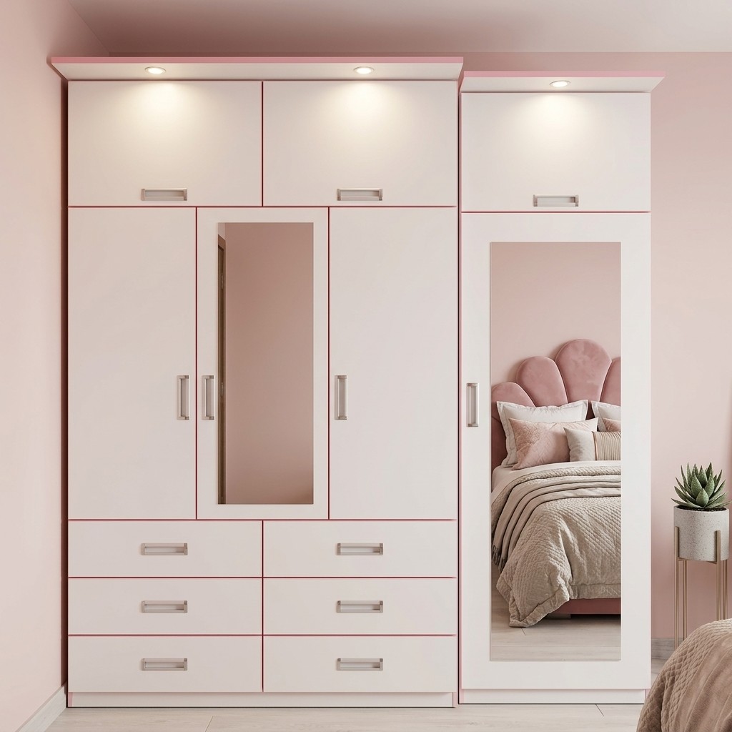 Ropero Modular con Zapatera y Espejo Blanco Rosa