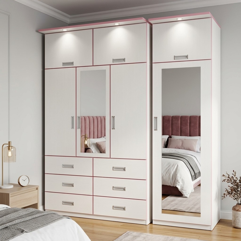 Ropero Modular con Zapatera y Espejo Blanco Rosa