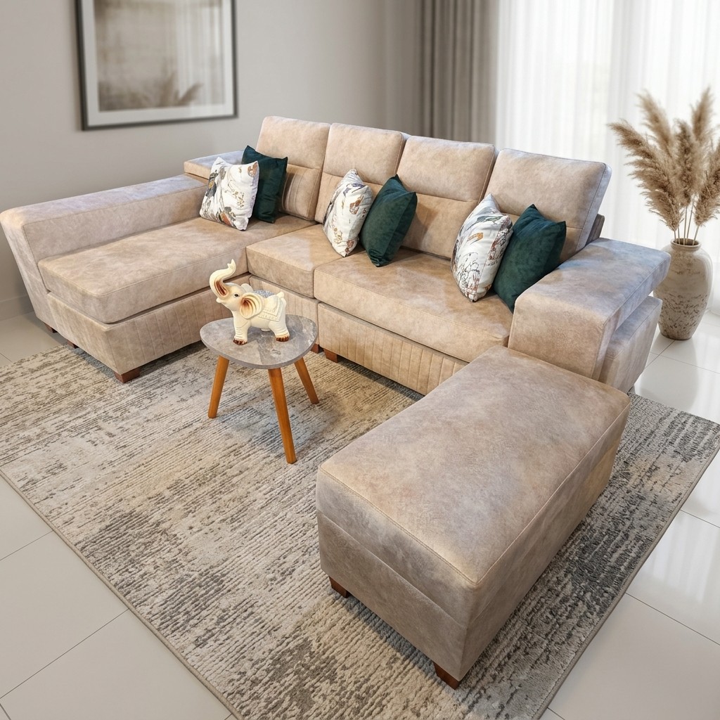 Sofá Seccional Moderno con Chaise y Otomán Beige