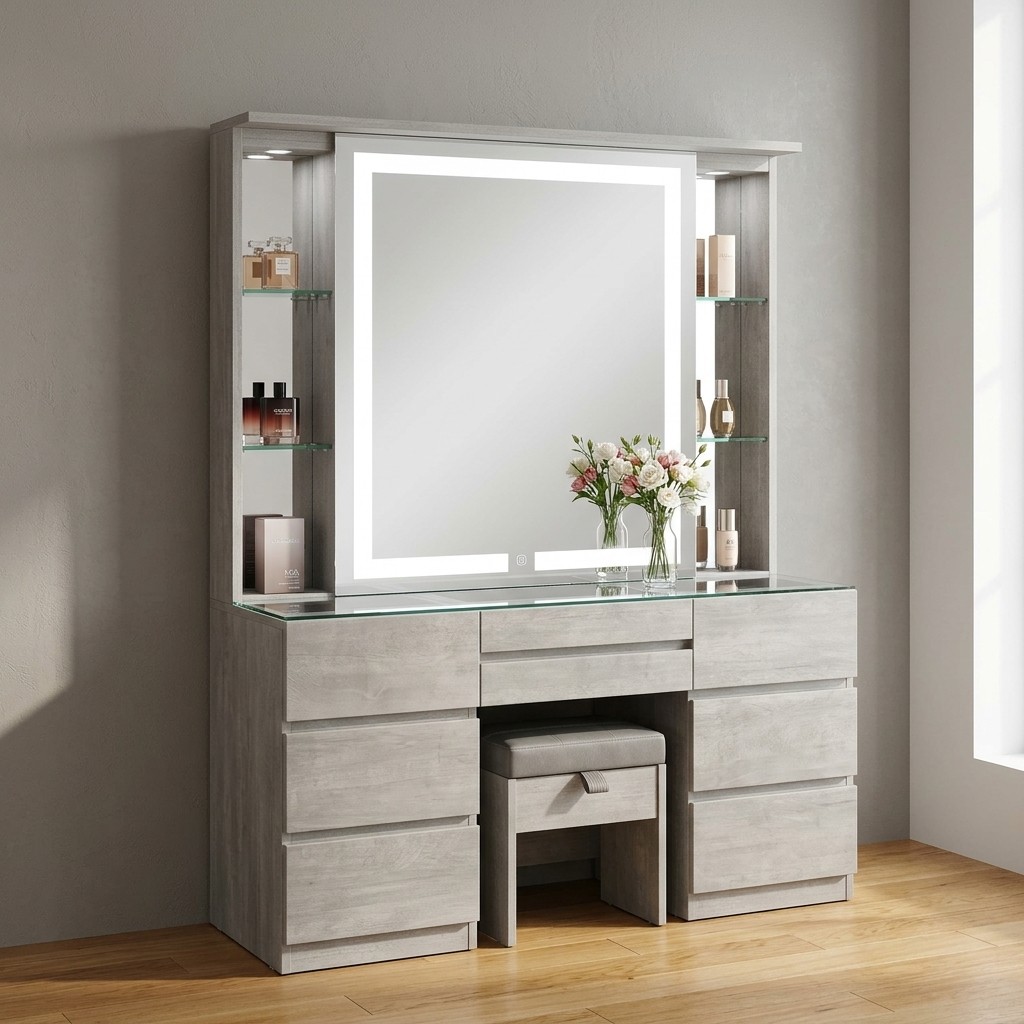Tocador Moderno Hollywood con Espejo LED y Banqueta