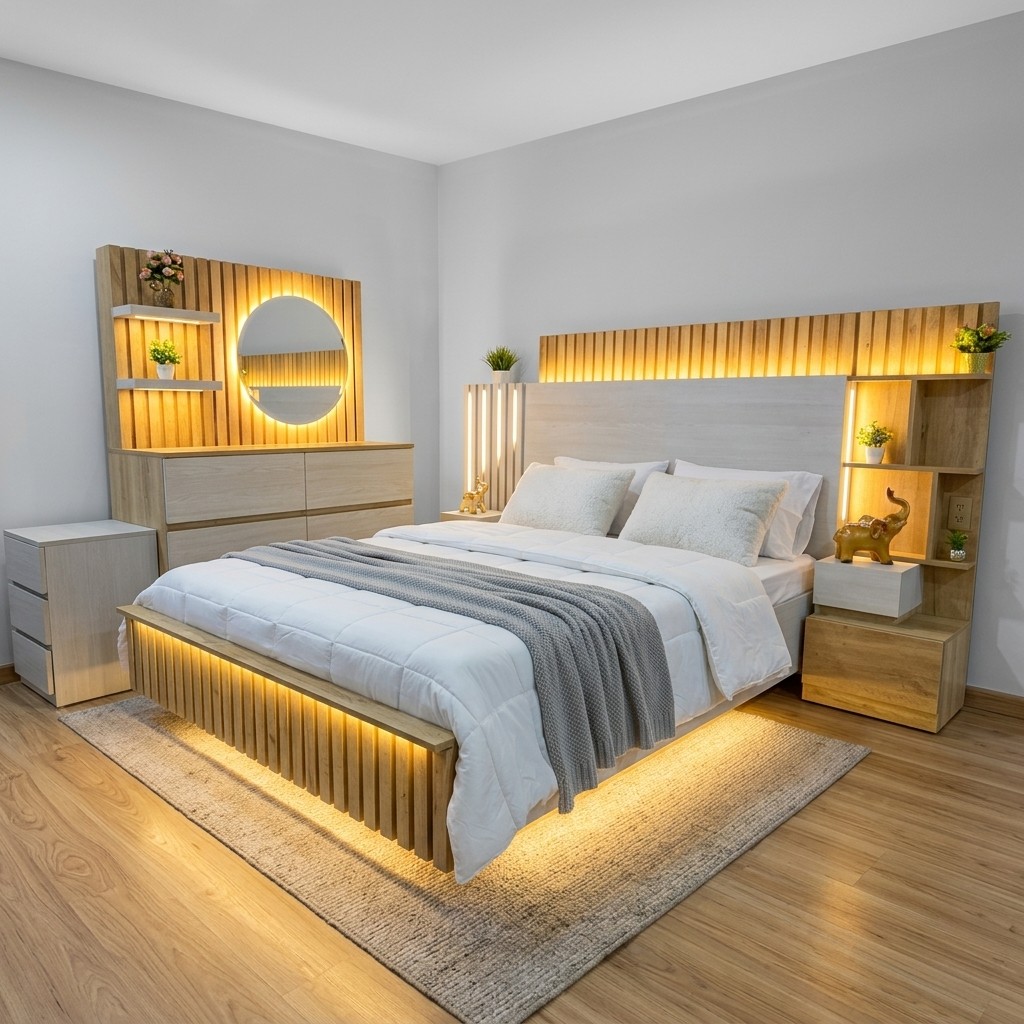 Juego de Dormitorio Moderno Élite con Luces LED y Tocador