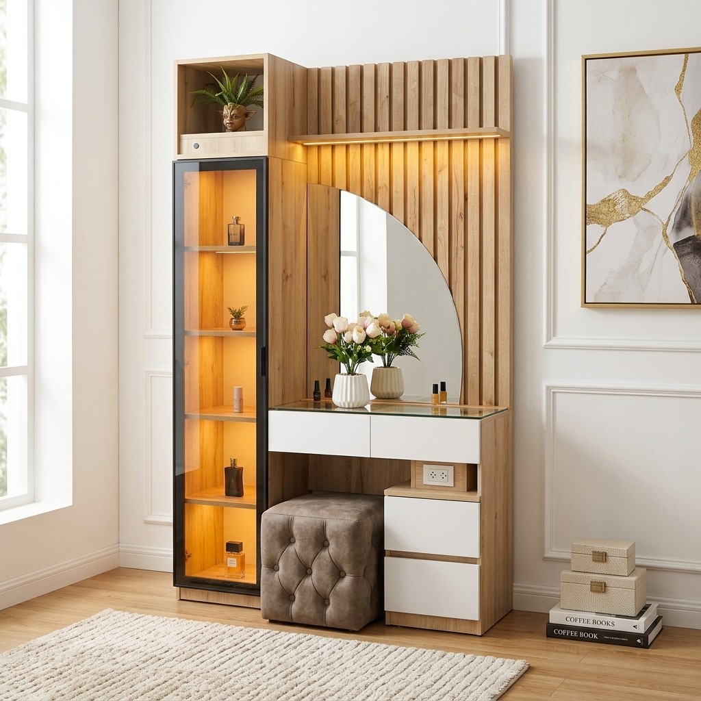 Tocador Moderno con Luces LED, Espejo y Vitrina