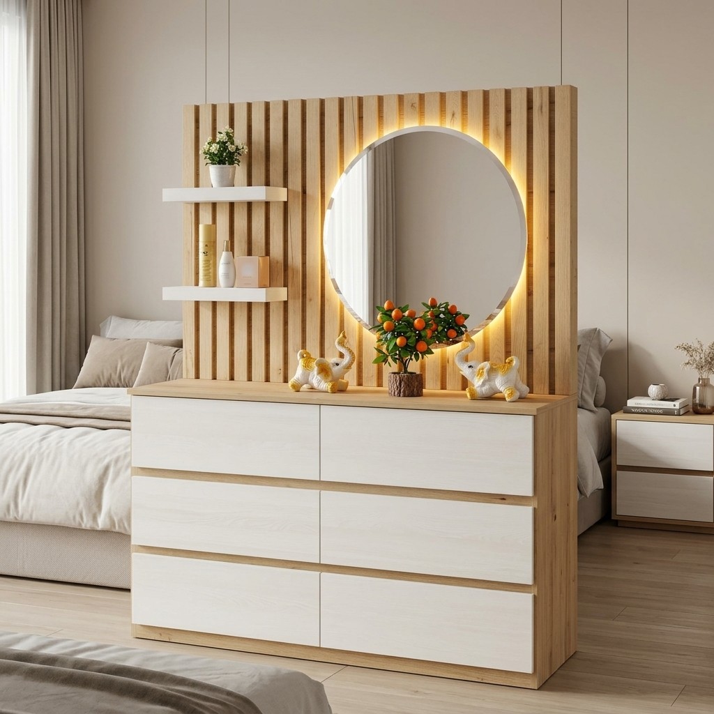 Cómoda Tocador Moderna con Espejo LED y 6 Cajones