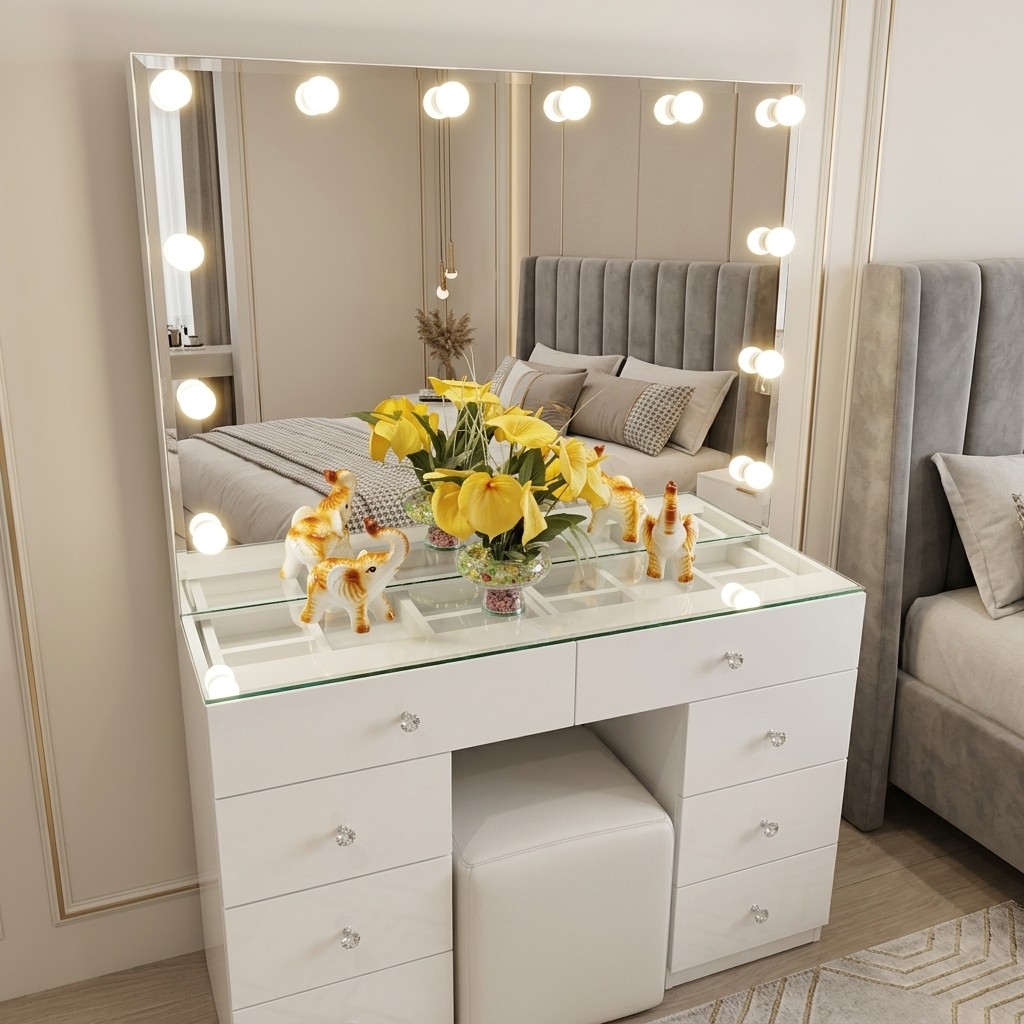 Tocador Hollywood con Luces LED y Vidrio Blanco