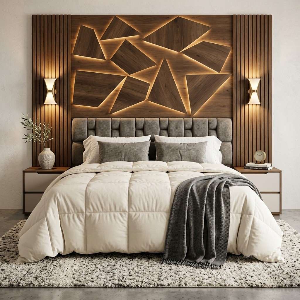 Cama King Size de Lujo con Cabecera LED Geométrica