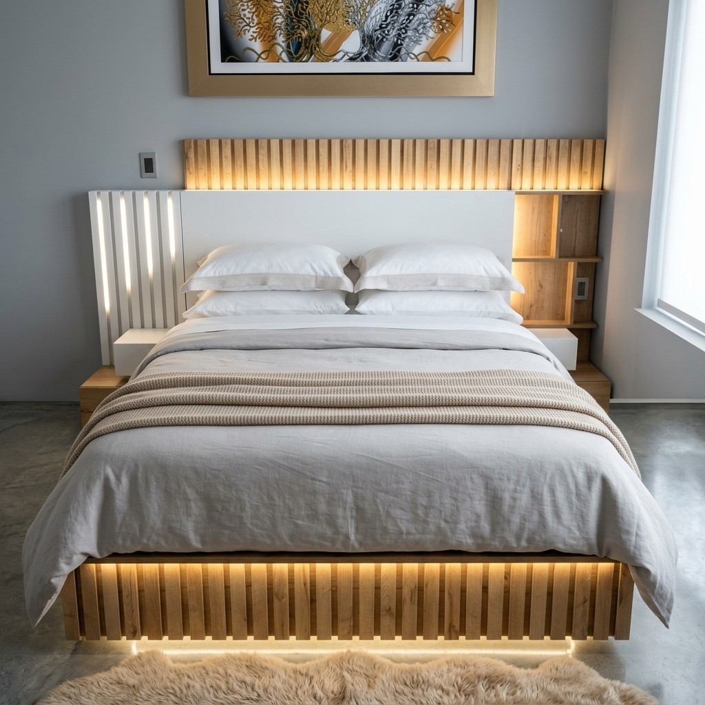 Juego de Dormitorio Moderno con Cabecera LED y Listones