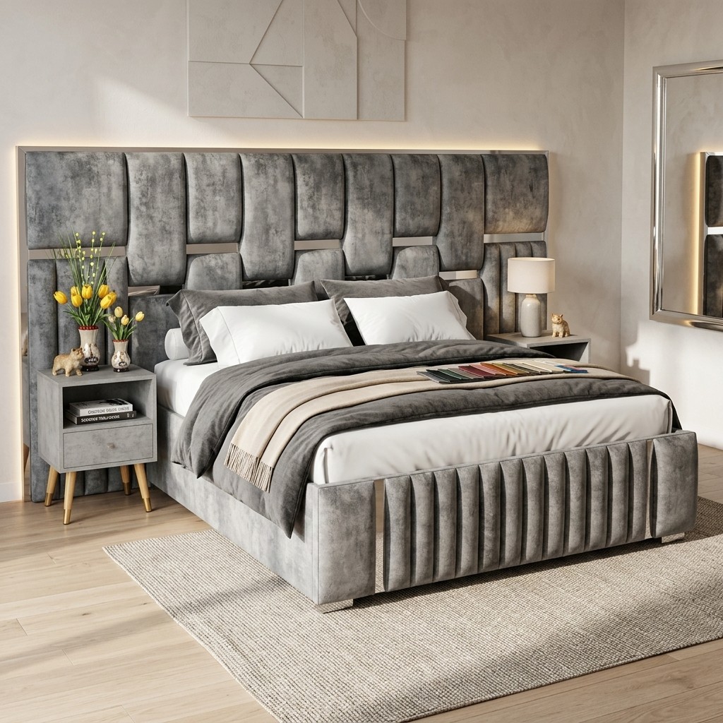 Cama King Tapizada de Lujo con Cabecera Acolchada Gris